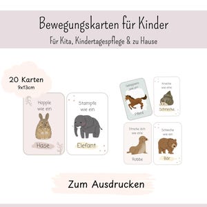 Pode incluir: Um conjunto de 20 cartões de movimento imprimíveis para crianças, medindo 9x13cm. Os cartões apresentam ilustrações de animais, incluindo um coelho, elefante, cavalo, caracol, foca e urso, com instruções em alemão para atividades físicas.