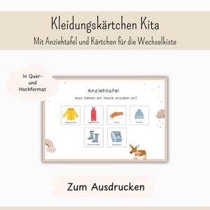 Może przedstawiać: Plakat edukacyjny do druku zatytułowany Kleidungskärtchen Kita z podtytułem Mit Anziehtafel und Kärtchen für die Wechselkiste. Zawiera Anziehtafel z ilustracjami żółtego płaszcza przeciwdeszczowego, czerwonych spodni, szalika, czapki, kaloszy i plecaka.