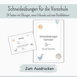 Schneideübungen für die Vorschule | sommerliche Motive | inklusive Urkunde