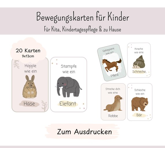 Bewegungskarten für Kinder - für Krippe, Kindertagespflege und Kindergarten - Bewegungsarten der Tiere