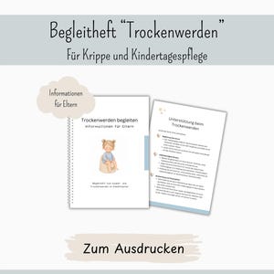 Puede incluir: Una guía encuadernada en espiral titulada Begleitheft Trockenwerden para guarderías, con una ilustración de un niño en un orinal, junto a una página titulada Unterstützung beim Trockenwerden con texto para padres y una nota en forma de nube.