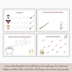 May include: A set of four educational worksheets with watercolor illustrations. The worksheets feature tracing exercises, drawing prompts, and counting activities. The theme is magic, with images of brooms, wands, and an owl. The text on the worksheets is in German.
