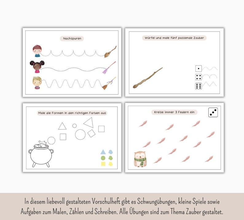 May include: A set of four educational worksheets with watercolor illustrations. The worksheets feature tracing exercises, drawing prompts, and counting activities. The theme is magic, with images of brooms, wands, and an owl. The text on the worksheets is in German.