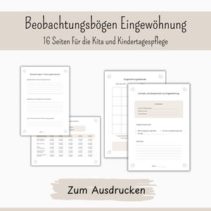 Könnte beinhalten: Ein 16-seitiges Set aus ausdruckbaren Beobachtungsbögen für Kita und Kindertagespflege mit dem Titel Beobachtungsbögen Eingewöhnung. Die Dokumente enthalten Abschnitte für Kontaktdaten, Kalender und Notizen zu Trennungssituationen in einem neutralen Design.