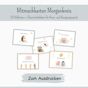 May include: A set of twenty educational activity cards titled Mitmachkarten Morgenkreis, 20 Bildkarten + Übersichtsblätter für Kreis- und Bewegungsspiele, Zum Ausdrucken. The cards feature illustrations of a hedgehog, dragon, drum, hands, and animals.