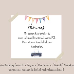 May include: A white square with text and a watercolor illustration of a printer, held in place with tape. The text reads "Hinweis" and provides instructions for downloading a PDF file.