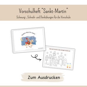 以下が含まれることがあります： 「Sankt-Martin」と題された就学前児童用ワークブック。書き方や思考の練習問題が含まれています。表紙には月明かりの下で馬に乗る子供が描かれ、内側のページには塗り絵用のライダー、馬、図形の線画が掲載されています。
