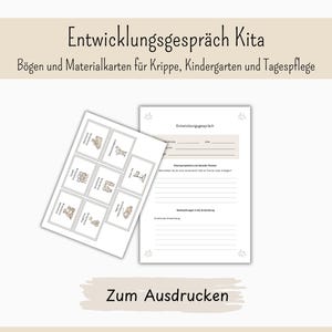 Könnte beinhalten: Ein Set aus ausdruckbaren Bögen für Entwicklungsgespräche in Kita und Tagespflege. Das Dokument enthält ein Blatt mit sechs illustrierten Materialkarten sowie ein strukturiertes Formular mit Linien für Notizen zur kindlichen Entwicklung.