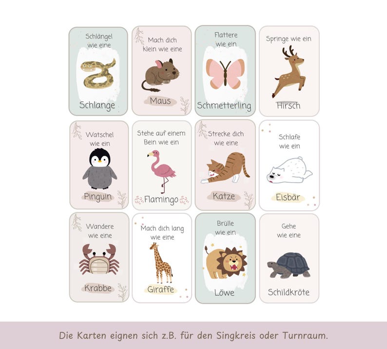 May include: A set of twelve rectangular cards arranged in a grid, each featuring a colorful animal illustration and German text. Animals include a snake, mouse, butterfly, deer, penguin, flamingo, cat, polar bear, crab, giraffe, lion, and turtle.