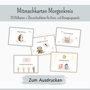 Könnte beinhalten: Eine Sammlung illustrierter Karten mit deutschem Text, darunter "Mitmachkarten Morgenkreis" und "Zum Ausdrucken". Die Karten zeigen skurrile Zeichnungen eines Igels, eines Drachen und anderer Charaktere mit Wörtern wie "Begrüßung" und "Kinderdisco".