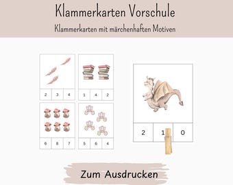 May include: Educational clip cards for preschool featuring fairy tale motifs. The cards display illustrations of feathers, books, mushrooms, carriages, and a dragon, with numerical options below each image. A wooden clothespin is attached to one card.