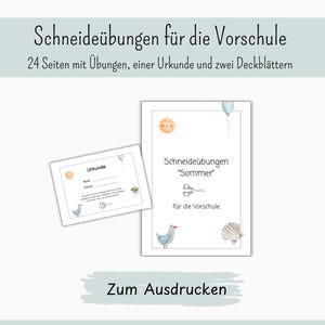 Könnte beinhalten: Ein Set aus 24 ausdruckbaren Schneideübungen für die Vorschule, inklusive einer Urkunde und zwei Deckblättern. Die Seiten zeigen Illustrationen von einer Sonne, einem Vogel, einer Muschel und einem Luftballon mit dem Text Schneideübungen für die Vorschule.