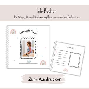 Könnte beinhalten: Zwei spiralgebundene Bücher mit dem Text "Mein Ich-Buch" und "Das bin ICH". Das erste Buch hat einen Fotorahmen mit einem Kinderfoto, dem Namen "Ella" und Regenbogen- und Herzillustrationen. Das zweite Buch hat Ausfüllfelder.