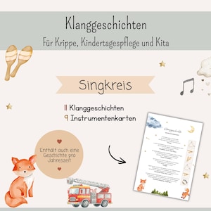 Könnte beinhalten: Bildungsressource mit dem Titel Klanggeschichten für Krippe und Kita, bestehend aus 11 Klanggeschichten und 9 Instrumentenkarten. Das Design zeigt Illustrationen von Maracas, einem Fuchs, einem Feuerwehrauto, einer Wolke und Sternen.