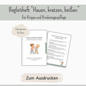 Könnte beinhalten: Ein spiralgebundenes Begleitheft mit dem Titel Hauen, kratzen, beißen für Krippe und Kindertagespflege, illustriert mit zwei Kindern. Das Dokument enthält Informationen für Eltern und Texte zur Erklärung kindlichen Verhaltens.