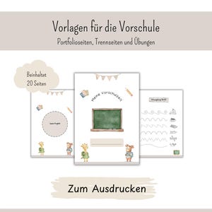 Op de afbeelding: Een set printbare voorschoolse sjablonen met 20 pagina's, voorzien van illustraties van giraffen en herten. De pagina's bevatten een schoolbordafbeelding, de tekst "Meine Vorschulzeit", "Unsere Projekte" en "Schwungübungen", en diverse lijnoefeningen.