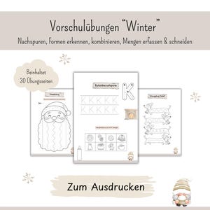 Könnte beinhalten: Ein Set aus 30 ausdruckbaren Vorschulübungen zum Thema Winter mit Aufgaben zum Nachspuren von Buchstaben, Erkennen von Formen, Zählen von Mengen und Schneiden. Die Seiten zeigen Illustrationen von einem Weihnachtsmann und Dackeln.