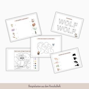 May include: A collection of educational worksheets for children, featuring various activities. The worksheets include matching games, mazes, coloring pages, and tracing exercises. The text on the worksheets is in German, with illustrations of objects and animals.