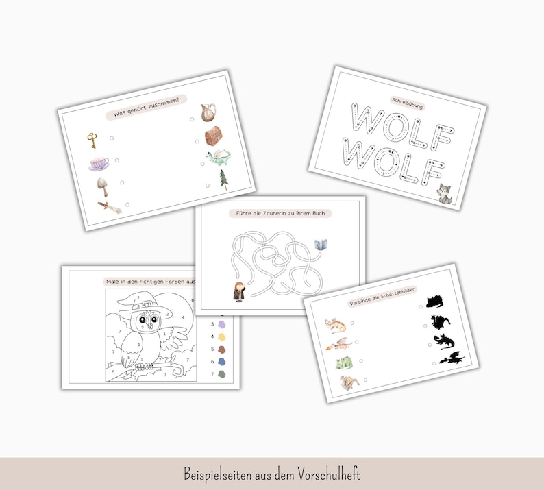 May include: A collection of educational worksheets for children, featuring various activities. The worksheets include matching games, mazes, coloring pages, and tracing exercises. The text on the worksheets is in German, with illustrations of objects and animals.