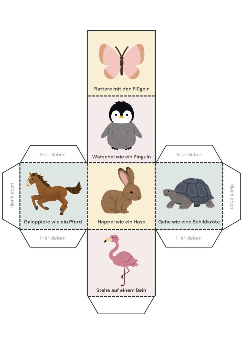 May include: A printable paper cube template featuring six animal illustrations: a butterfly, penguin, horse, rabbit, turtle, and flamingo. Each section includes German text instructions for movement, such as Flattere mit den Fl&uuml;geln and Watschel wie ein Pinguin, alongside tabs labeled Hier kleben for assembly.