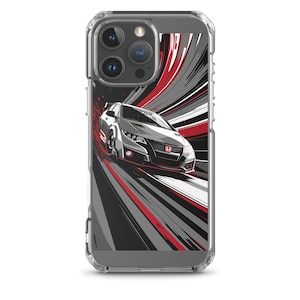 Pode incluir: Uma capa transparente para telefone com um gráfico de um Honda Civic Type R prateado a correr numa pista vermelha e cinzenta.