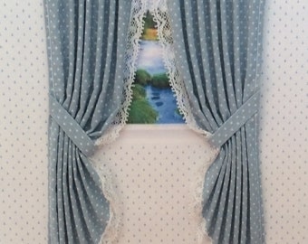 One inch scale, Gray Blue Pin Dot curtains, trimmed in white lace, with rod