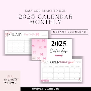 Coquette 2025 Calendar. Monthly Planner 2025 Calendar Printable Digital Planner  bow Aesthetic School Office Agenda