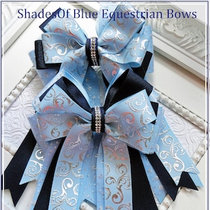 Horse Show Bows, Equestrian Bows, Navy Light Blue Show Bows, Shade belly bows, Short Stirrup bows, Equestrian Gift, Bows for the horse shows