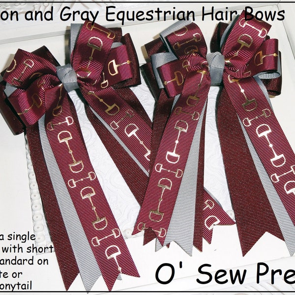 Equestrian Bows, Maroon and gray Horse Show Bows, burgundy Show Bows, Short Stirrup Bows, Leadline Bows, Equestrian Hair Bows,