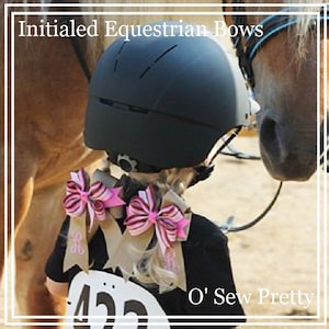 EQUESTRIAN HAIR BOWS, Initialed Equestrian hair bows, Khaki and Pink Horse Show Bows, Personalized hair bow, Classic with tails Bowdangle tm