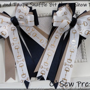 EQUESTRIAN HAIR BOWS, Snaffle Bit Horse Show Bows, Sparkly Tan and Navy Show Bows, Fancy Hair Bows, Short Stirrup Bows, Leadline Bows,