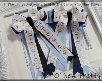 Equestrian Hair bows, Light blue and Navy Horse show bows, Leadline bows, shad belly bows, Pigtail hair bows, stacked bows Equestrian gifts