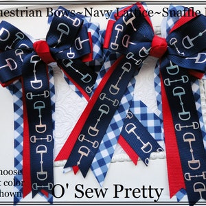 Equestrian Show Bows, Blue snaffle bit and red Horse Show Bows, Lattice Show Bows, Short Stirrup Bows, Lead line Bows, Equestrian Hair Bows,