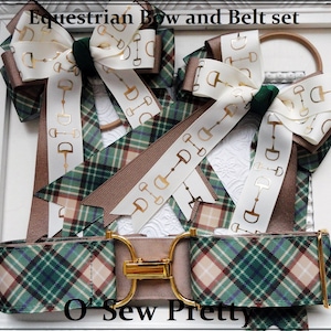 Equestrian Hair bows, Hunter green Horse show bows with matching belt, Lead line show bow, Show ring Pigtail hair bows, Show Pony hair bows