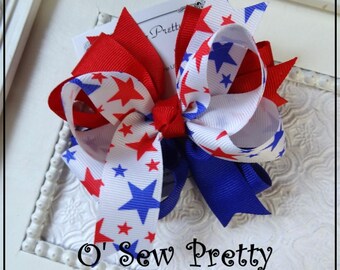 4th of July Stacked Hair Bow, Patriotic Ribbon Bow