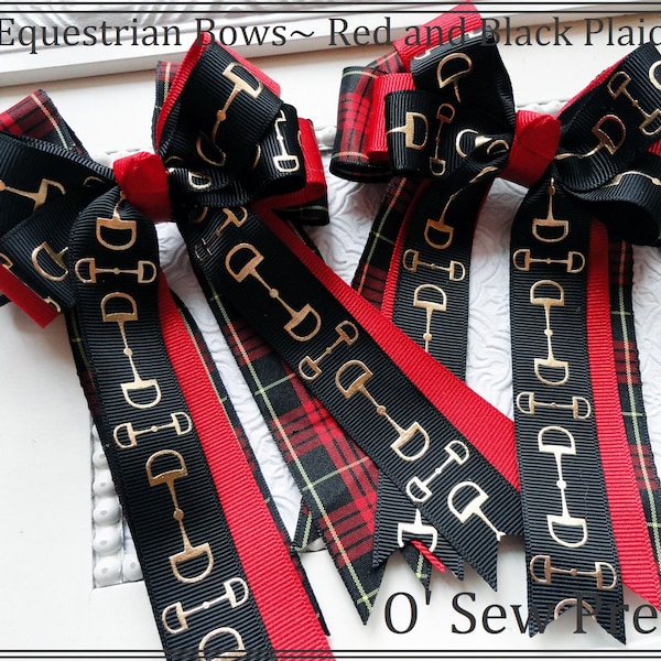 EQUESTRIAN HAIR BOWS, Black and red plaid Equestrian hair bows, Horse Show Bows, Hunter jumper bows, Classic Bowdangle tm, Shorty hair bow