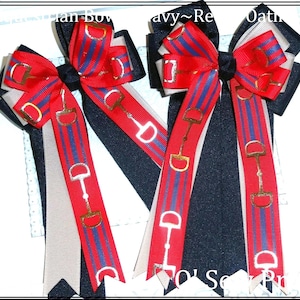 Equestrian Bows,  navy and red snaffle bit, horse Show Bows, Show Bows, Short Stirrup Bows, Lead line Bows, Equestrian Hair Bows,