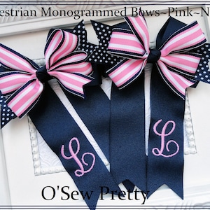 EQUESTRIAN BOWS, Initialed Equestrian hair bows, Navy and Pink Horse Show Bows, Personalized hair bow, Classic with tails Bowdangle tm