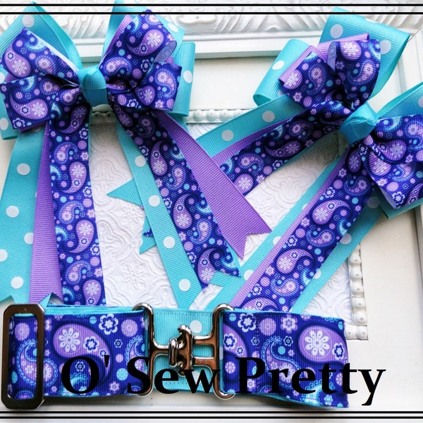 Equestrian Hair bows, Horse show bows optional matching belt, Purple Paisley Lead line bows, Show ring Pigtail hair bows, Show Pony hair bow