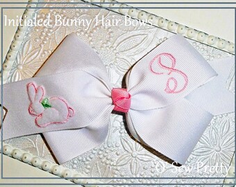 Monogrammed Easter Hair Bow, Embroidered Bunny, Initialed Bow