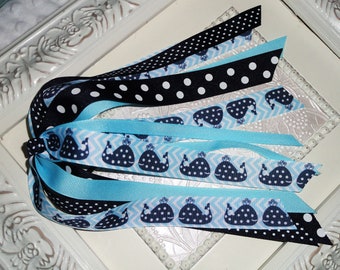 Ponytail streamers, Whale, Ribbon ponytail holders, Preppy Navy Ponytail Streamer, Summer hair bows, Navy Whale hair bow