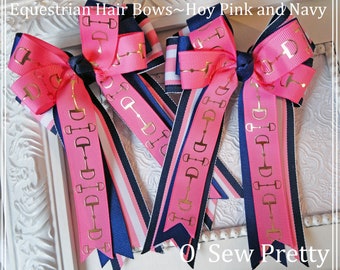 Equestrian Hair bow, Navy horse show bows, Leadline bows, Equestrian Gifts, Bows for the shows, pink and navy stripe Horse show bows