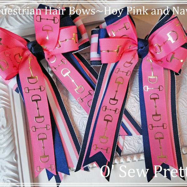 Equestrian Hair bow, Navy horse show bows, Leadline bows, Equestrian Gifts, Bows for the shows, pink and navy stripe Horse show bows