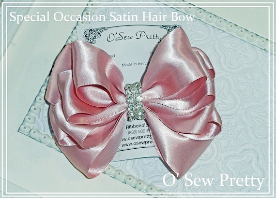Satin Hair Bow, Rhinestone Center, Flower Girl Bow