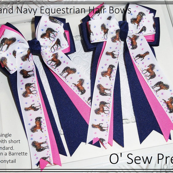 Equestrian Hair bows, Navy and Pink horse show bows, Trendy equestrian hair bows, Bows for the shows, tan and blue stripe Horse show bows