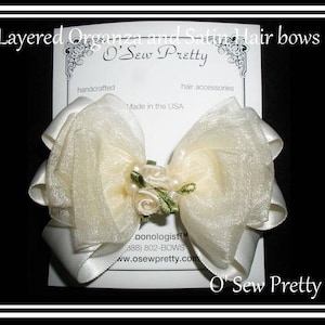 Organza and Satin Hair Bows, Flower Girl Hair Bows, fancy hair bows, Hair bows with ribbon flowers, off white hair bow, Communion Hair bow