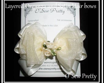 Organza and Satin Hair Bows, Flower Girl Hair Bows, fancy hair bows, Hair bows with ribbon flowers, off white hair bow, Communion Hair bow