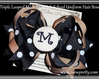 Personalized School Uniform Hair Bow, Embroidered Initial