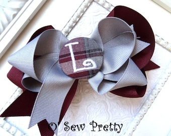 School Uniform Plaid Hair Bow, Monogrammed Button