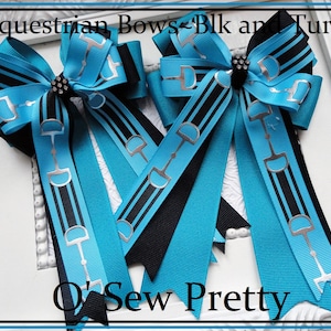 Equestrian Bows, Black and turquoise snaffle bit Horse Show Bows, Short Stirrup Bows, Lead line Bows, Equestrian Gifts, Shad belly bows,